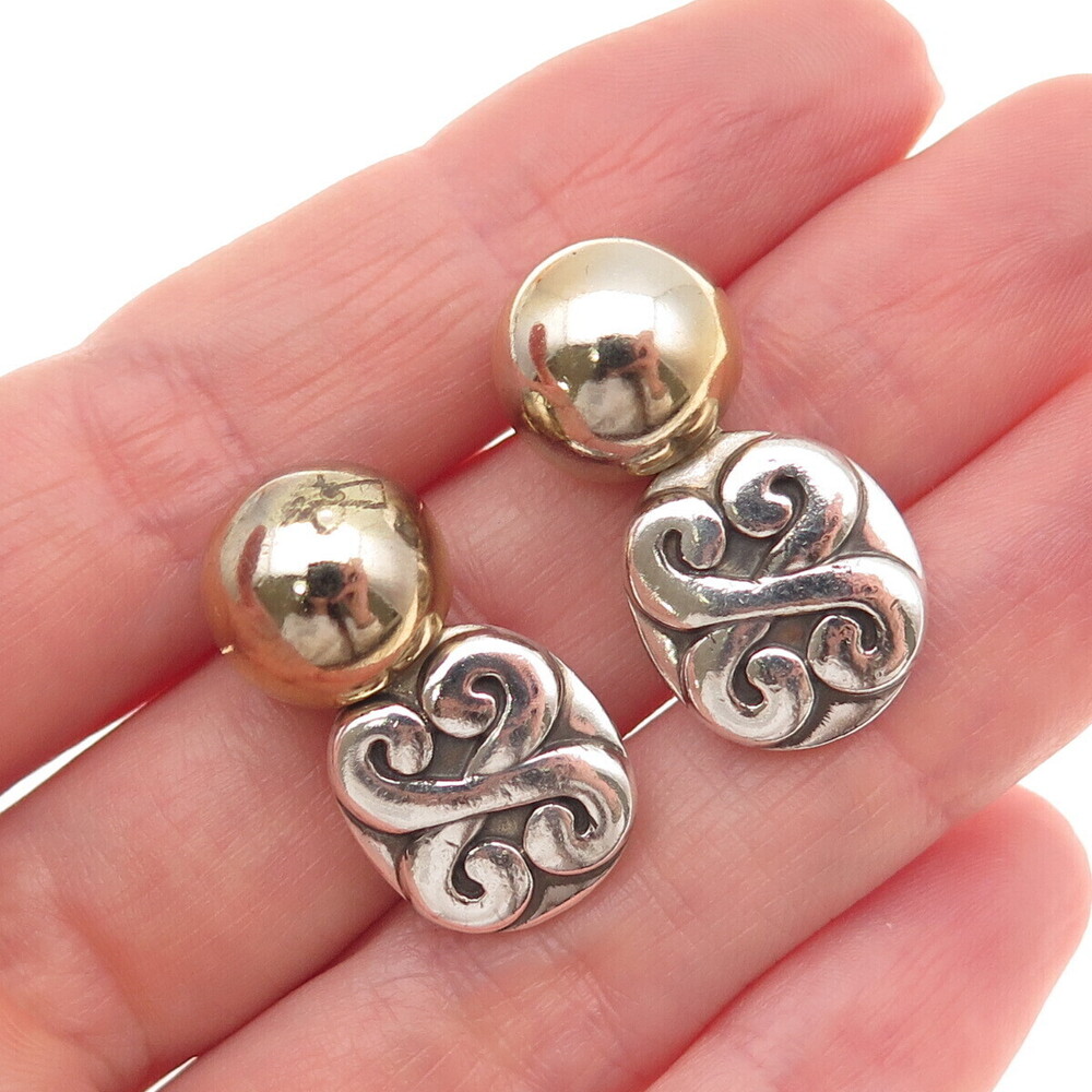 Vaubel 925 Sterling Silver 2-Tone Vintage 1999 Modernist Floral Dangle Earrings